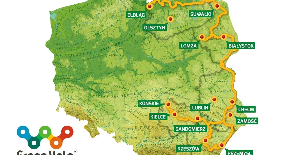 Mapa Polski z zaznaczonym wschodni szlak rowerowy Green Velo, prowadzącym przez malownicze tereny od Elbląga po Przemyśl.