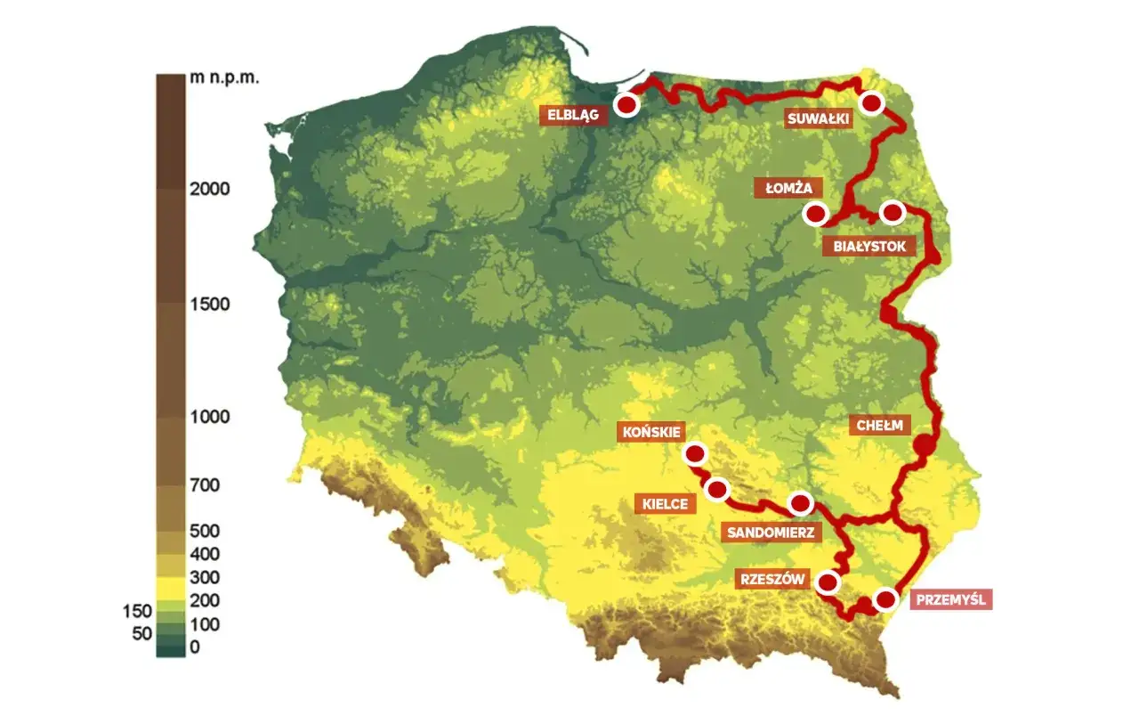 Mapa Polski z zaznaczonym wschodnim szlakiem rowerowym Green Velo, biegnącym przez Elbląg, Suwałki, Białystok, Chełm, Rzeszów i Przemyśl.